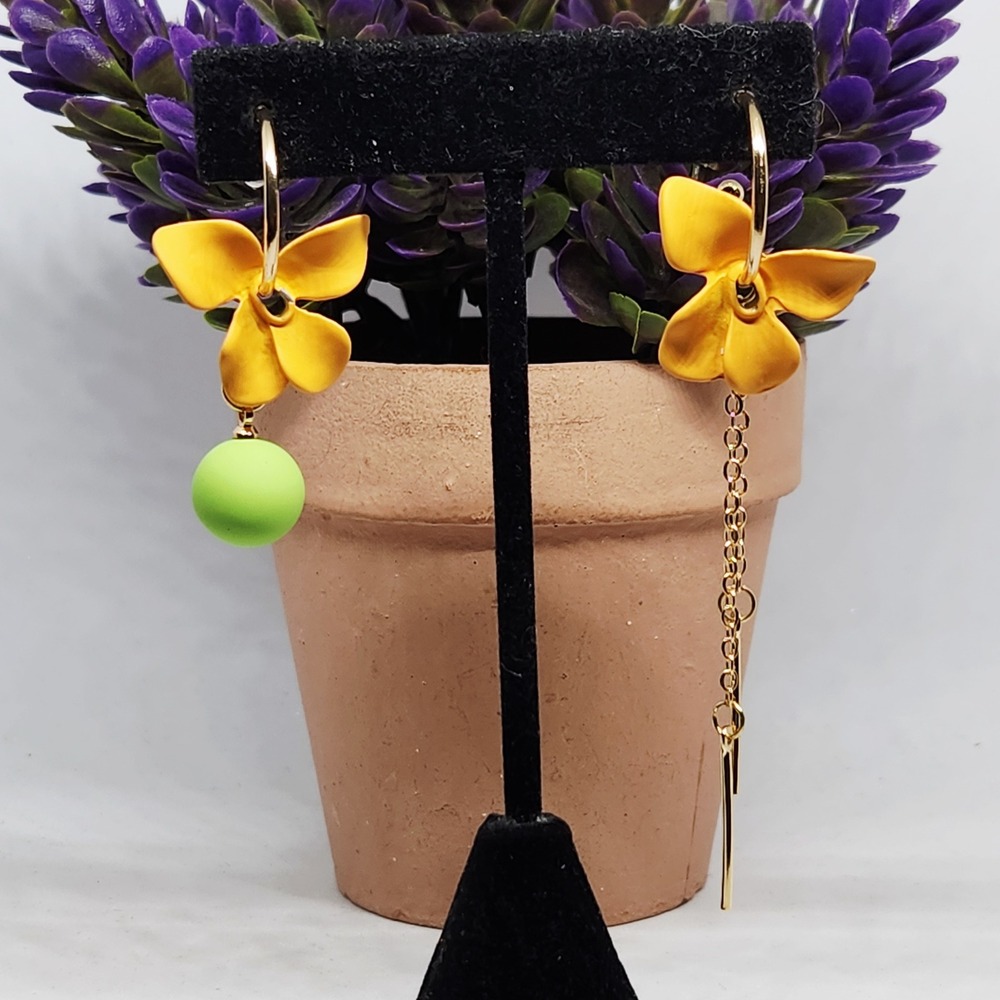 Asymmetrical Yellow Flower Hoop Earrings Lime Green Orb Gold Chain‎ Dangle